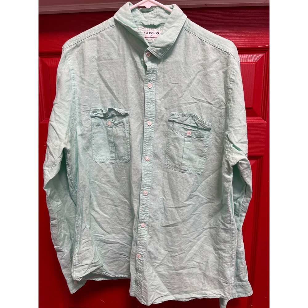 Express Mens Linen Blend Button Down Shirt Mint Green Long Sleeve Large L/G